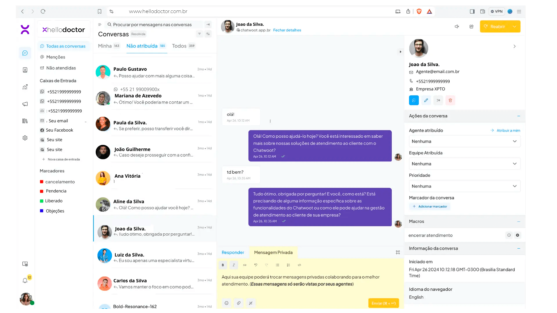 Hello Doctor CRM — Painel de conversas e atendimentos